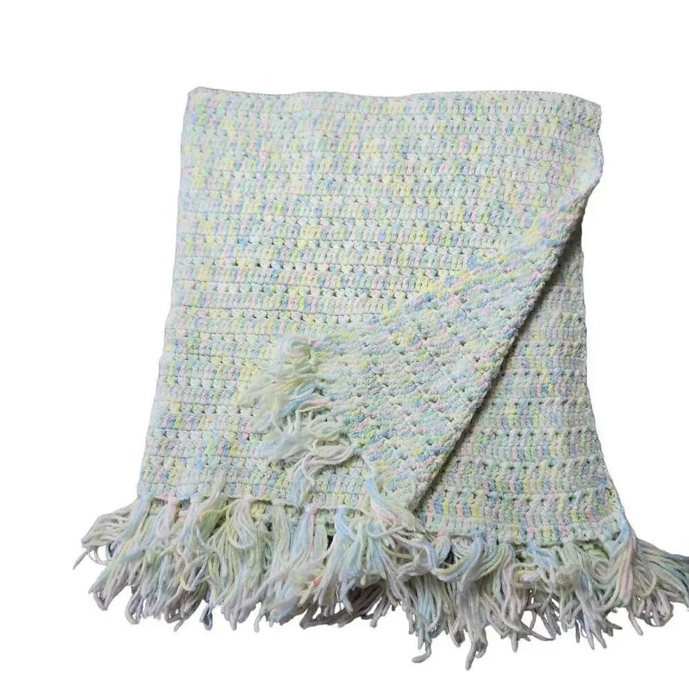 Baby Blanket Afghan Hand Made Crochet rainbow pastel 40" x 36" Fringe Throw